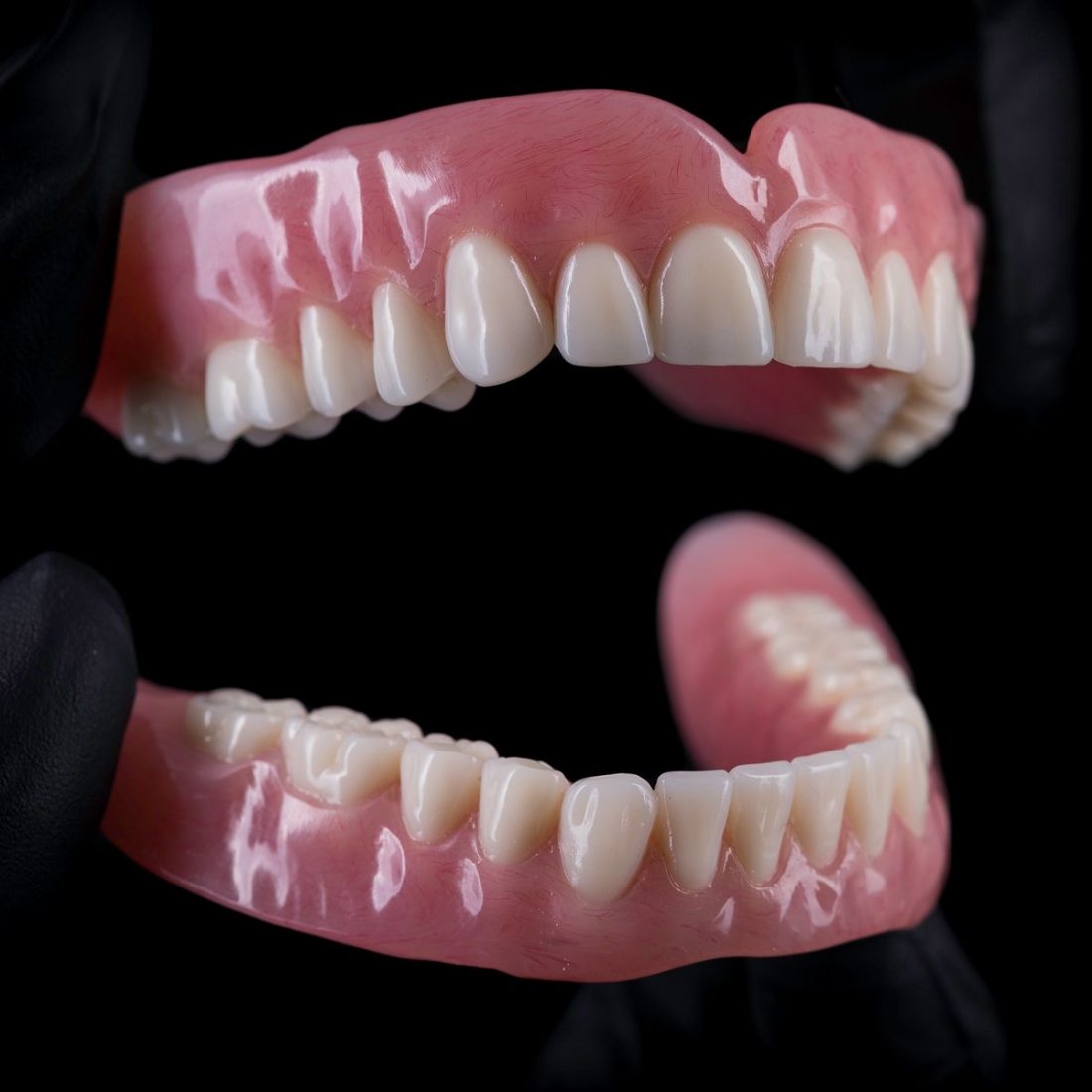A final denture: a full upper and lower set, held in gloved hands