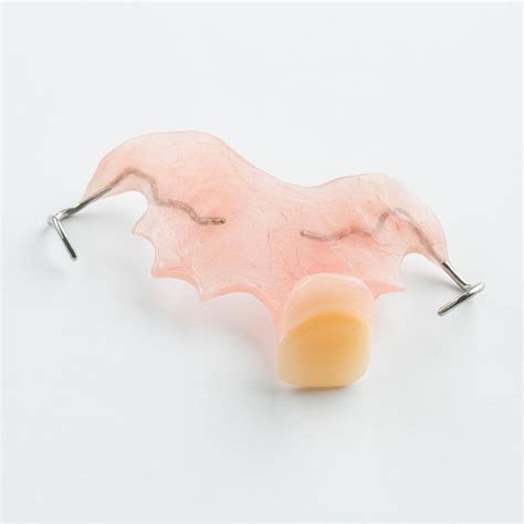 A flipper: one fake front tooth on a thin pink plastic plate